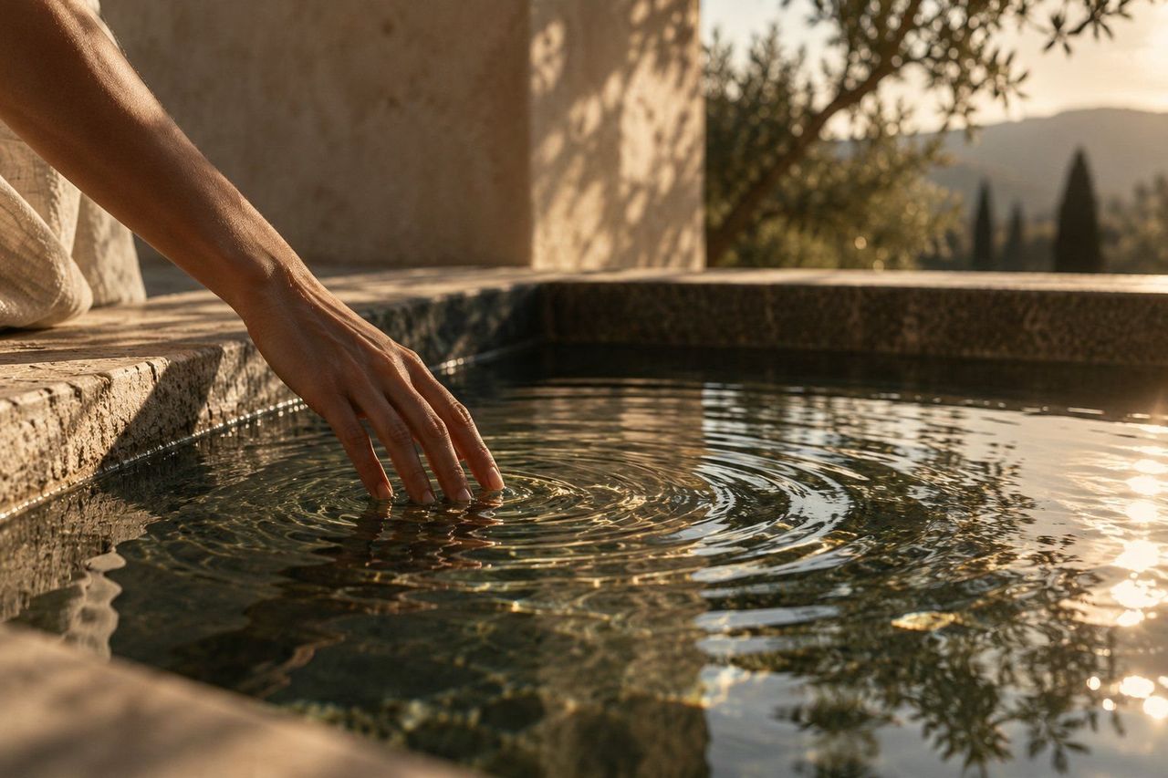 A hand trailing through still water in a stone pool, in late afternoon light