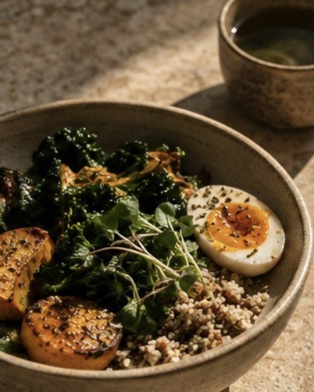 A bowl of greens, grains, roasted squash and a soft egg beside a cup of tea