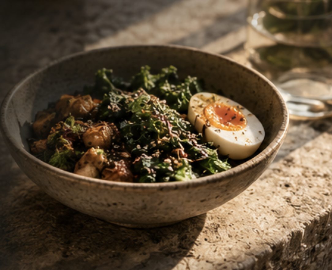 A stoneware bowl of greens, grains and a soft-boiled egg on a sunlit stone ledge