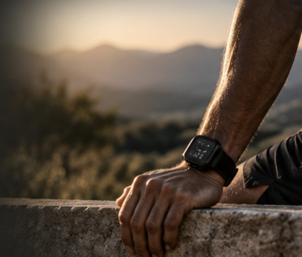 A forearm wearing a fitness tracker, resting on a stone wall above hills at dusk