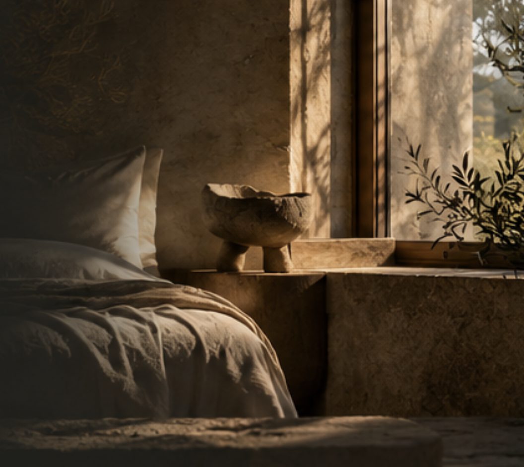 A linen bed beside a stone window in soft evening light
